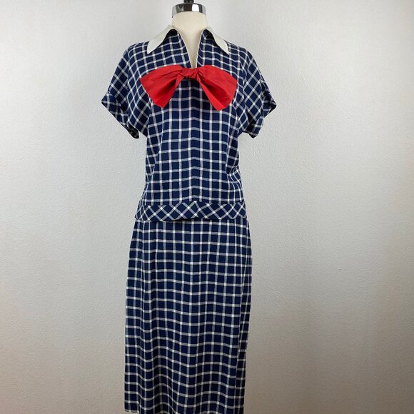 Vintage 60s Two-Piece Dress Straight Skirt Drop Waist Top Medium Blue Check Bow - Picture 1 of 11